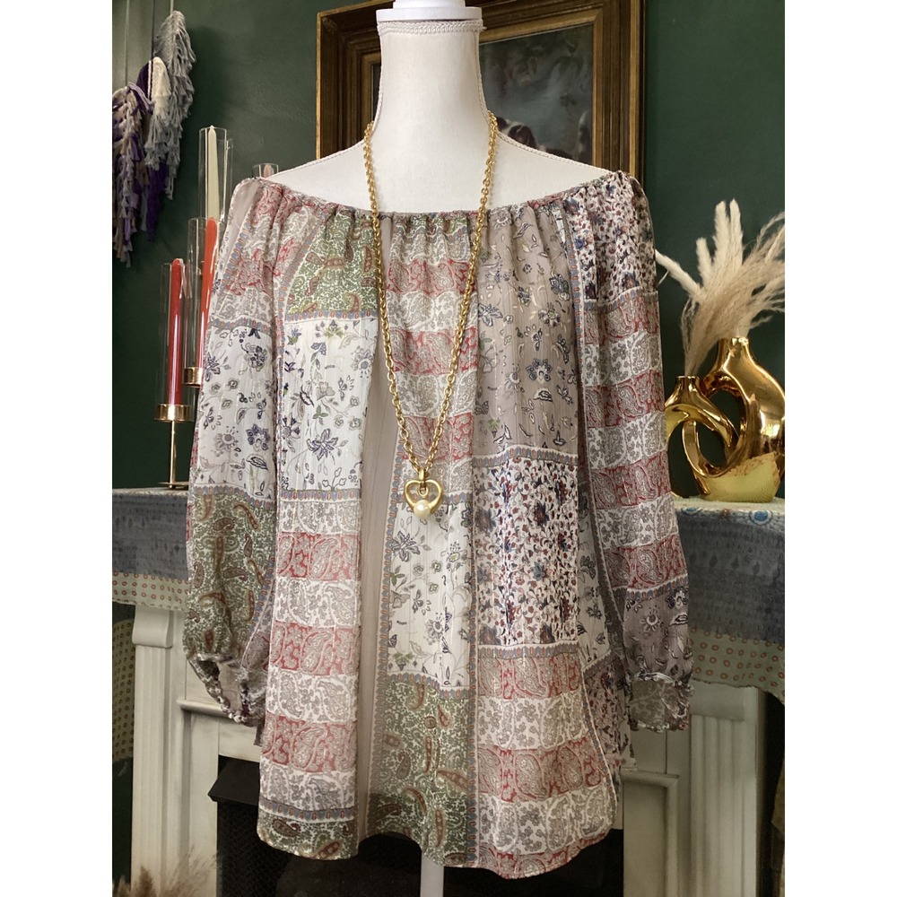 Zara Basic Sheer Patchwork Paisley Floral Off Shoulder Blouse Metallic Gold XS
